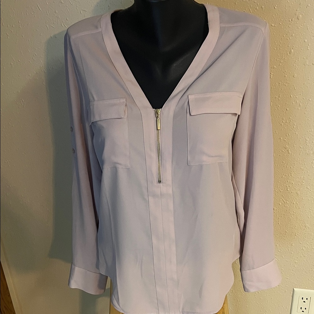 Express Pale Pink V-Neck Zip Front Blouse